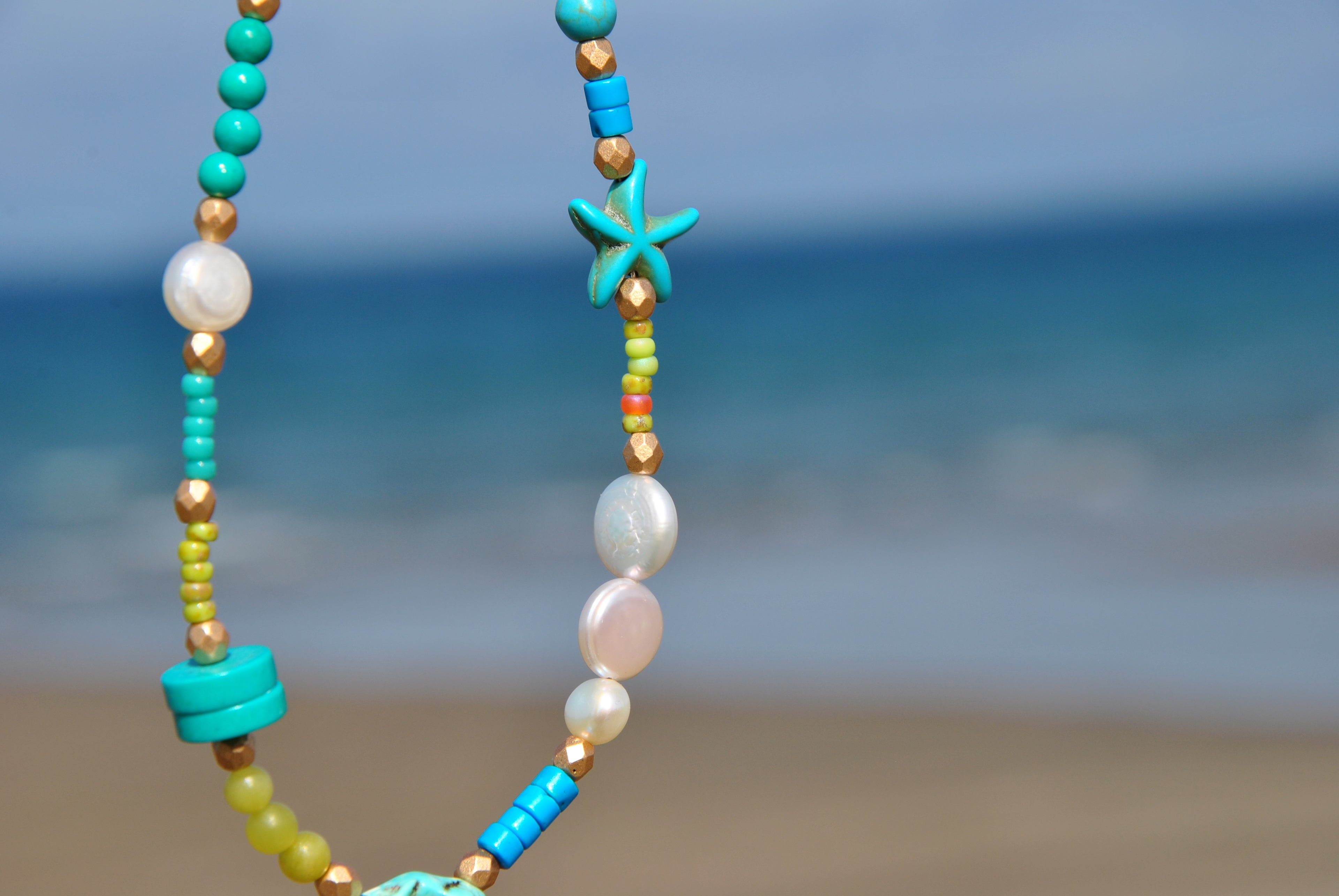 Beach Bead Necklace Turquoise Pearl Jade