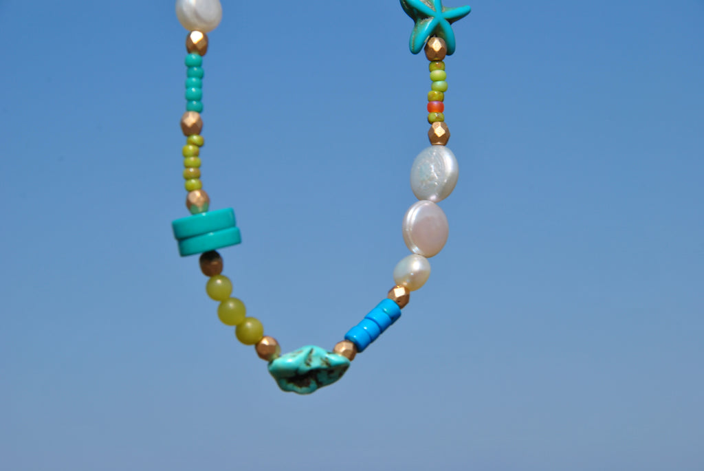 Beach Bead Necklace Turquoise Pearl Jade