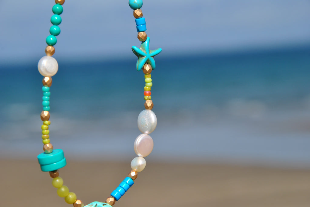Beach Bead Necklace Turquoise Pearl Jade
