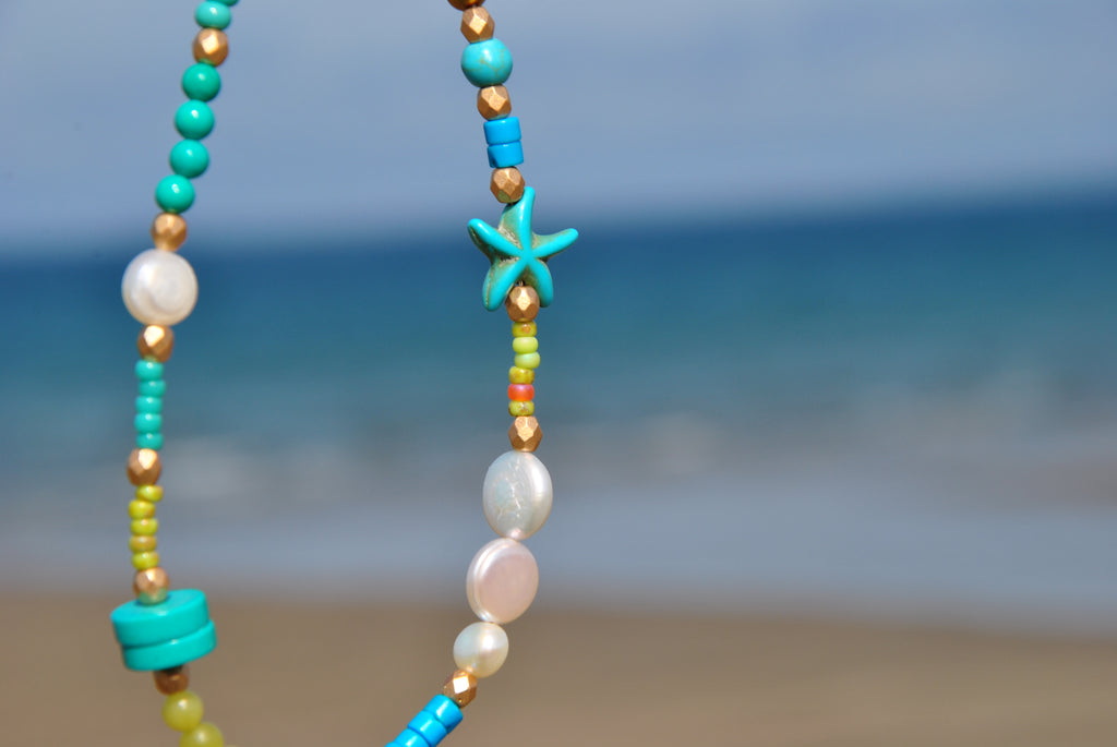 Beach Bead Necklace Turquoise Pearl Jade