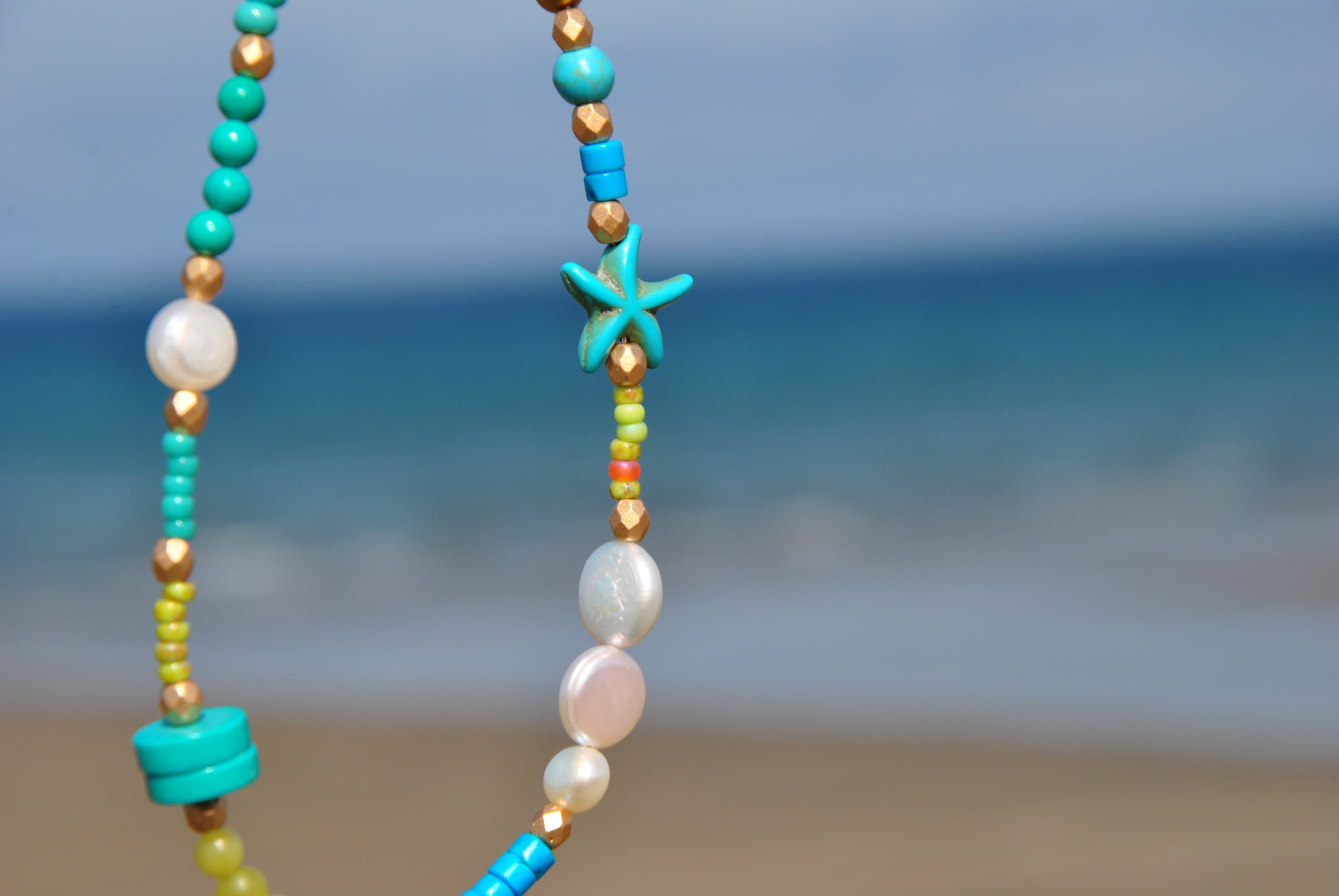 Beach Bead Necklace Turquoise Pearl Jade
