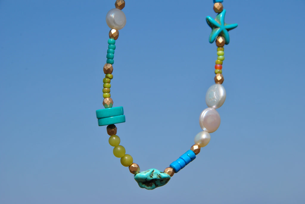 Beach Bead Necklace Turquoise Pearl Jade