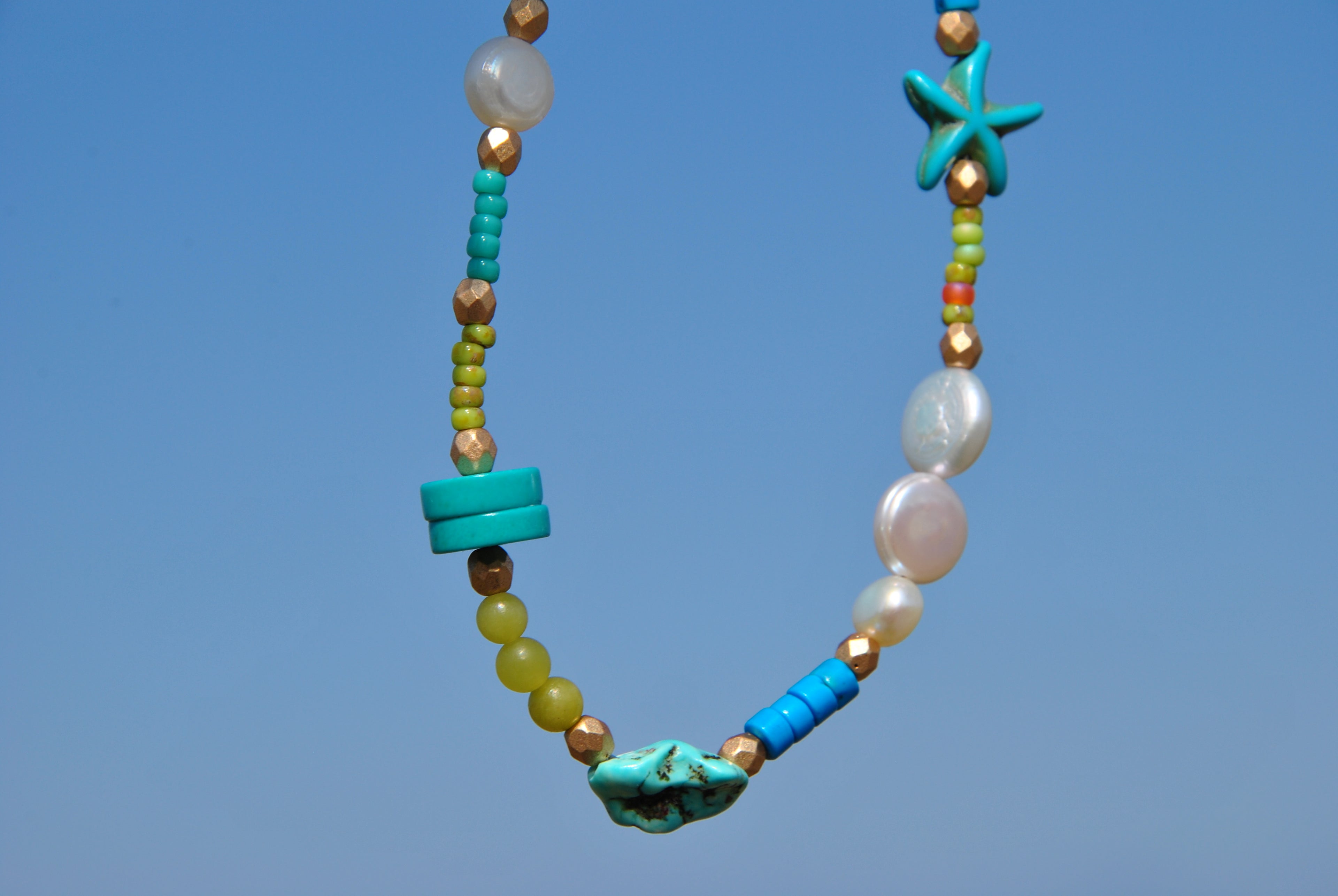 Beach Bead Necklace Turquoise Pearl Jade
